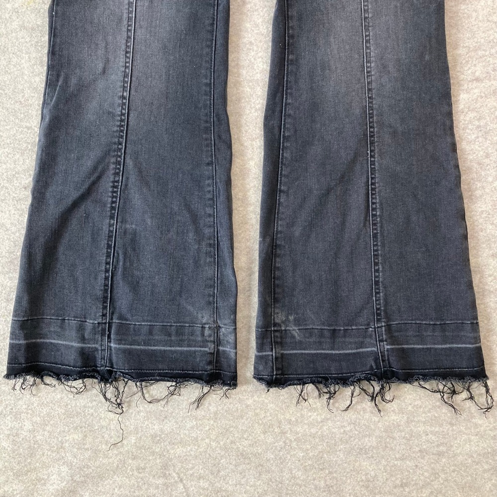 Faded Black High Rise Flare Jeans SO 13/31W Raw Hem Patch Pocket Retro Boho - Picture 2 of 12